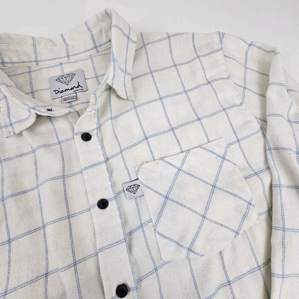 Diamond Supply Co Mens L Flannel Shirt White Blue Plaid Skate Streetwear
